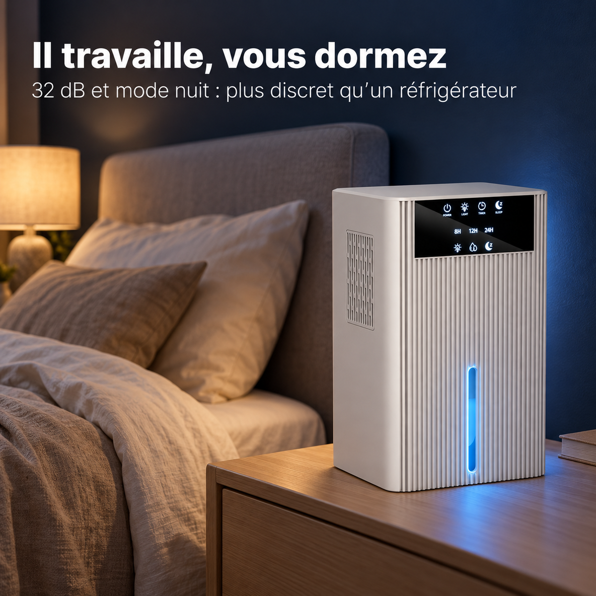 Déshumidificateur Grand Réservoir 2,2 L – Silencieux & Mode Nuit