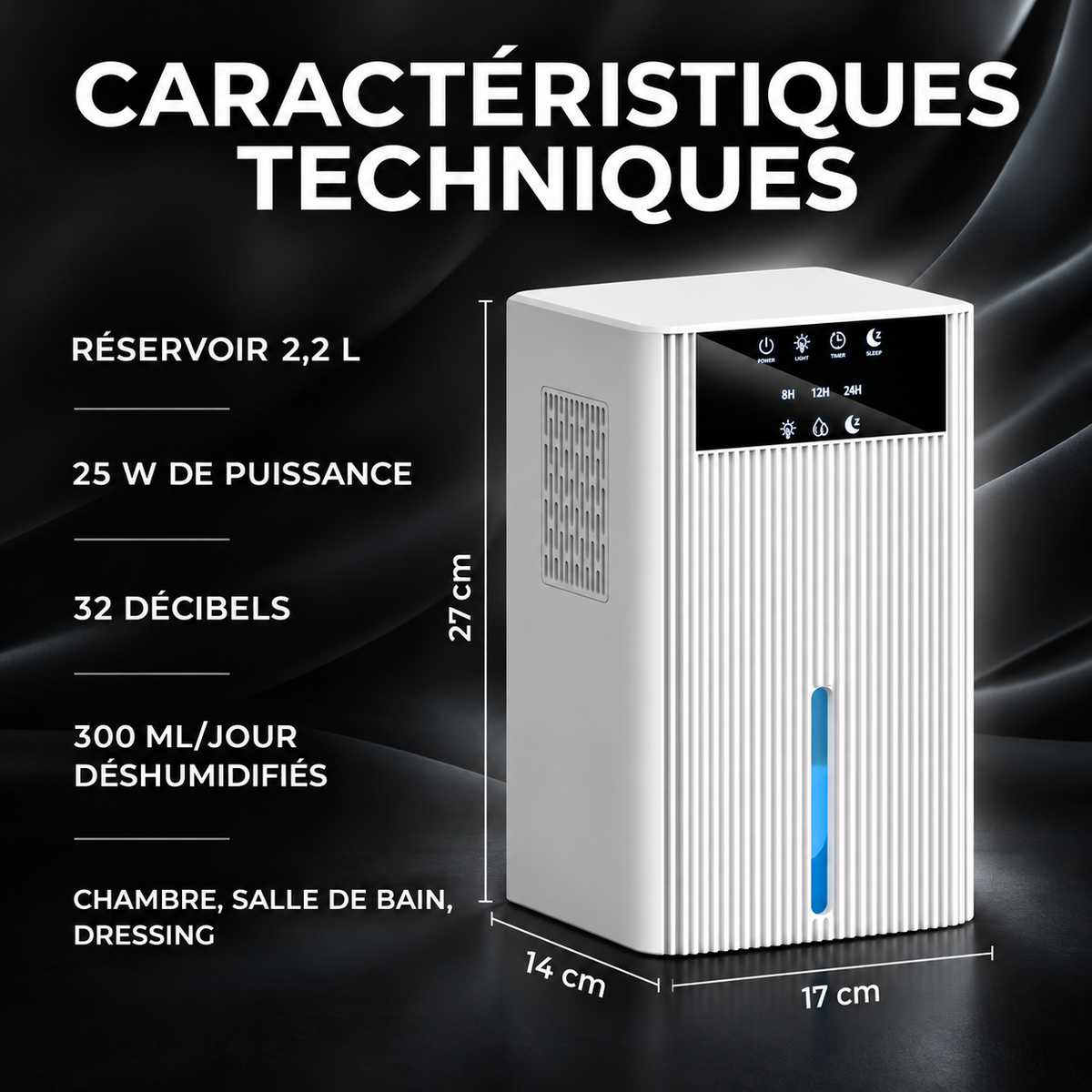 Déshumidificateur Grand Réservoir 2,2 L – Silencieux & Mode Nuit