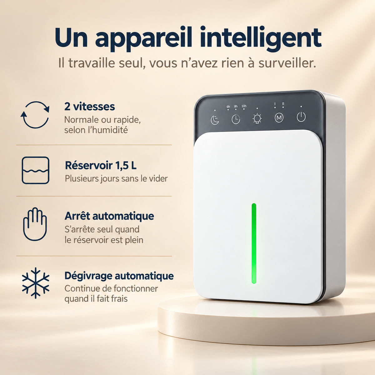Déshumidificateur Compact 1,5 L – Silencieux & Veilleuse LED