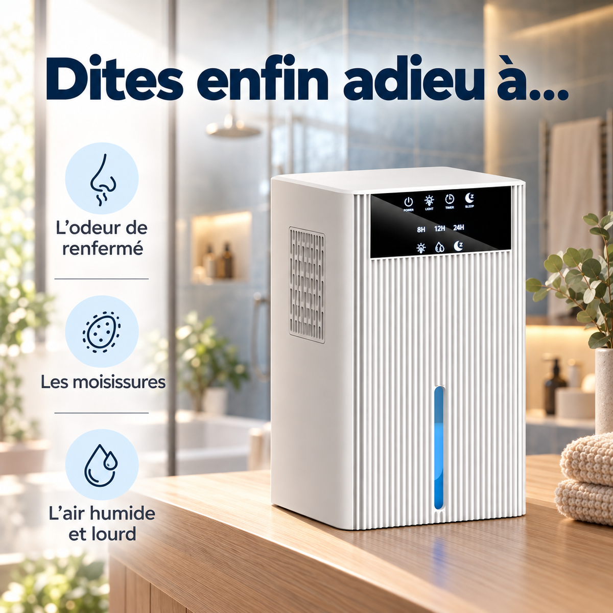Déshumidificateur Grand Réservoir 2,2 L – Silencieux & Mode Nuit