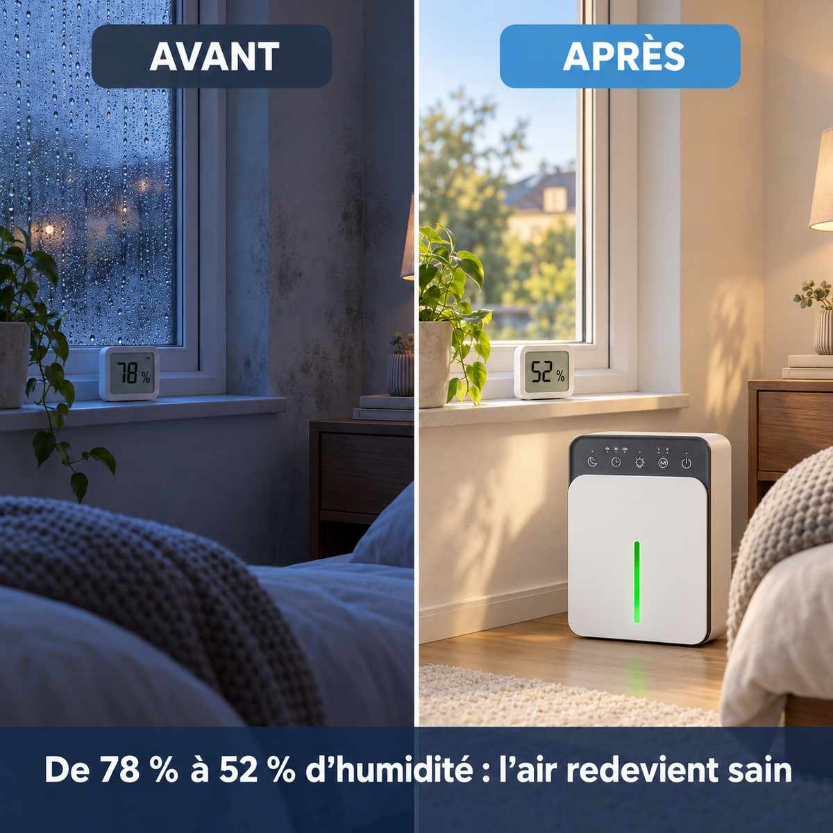Déshumidificateur Compact 1,5 L – Silencieux & Veilleuse LED