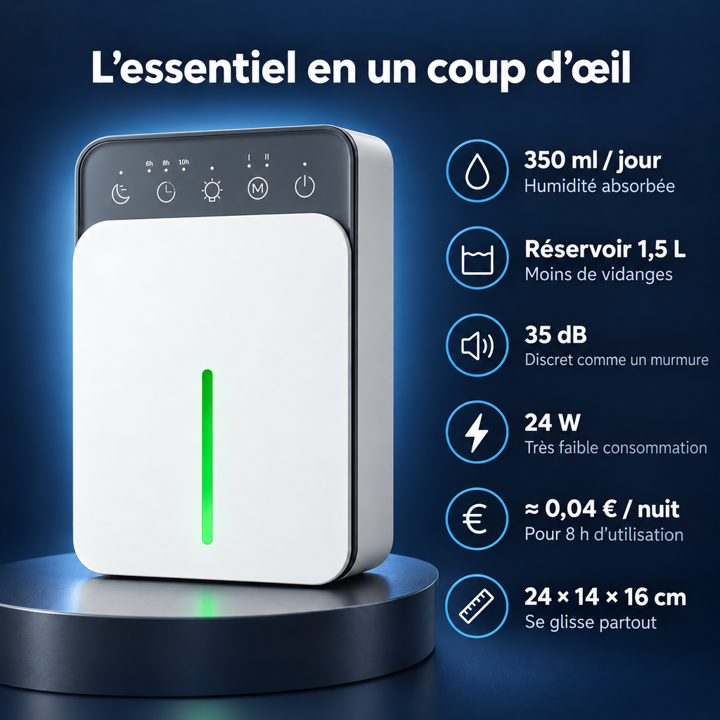 Déshumidificateur Compact 1,5 L – Silencieux & Veilleuse LED