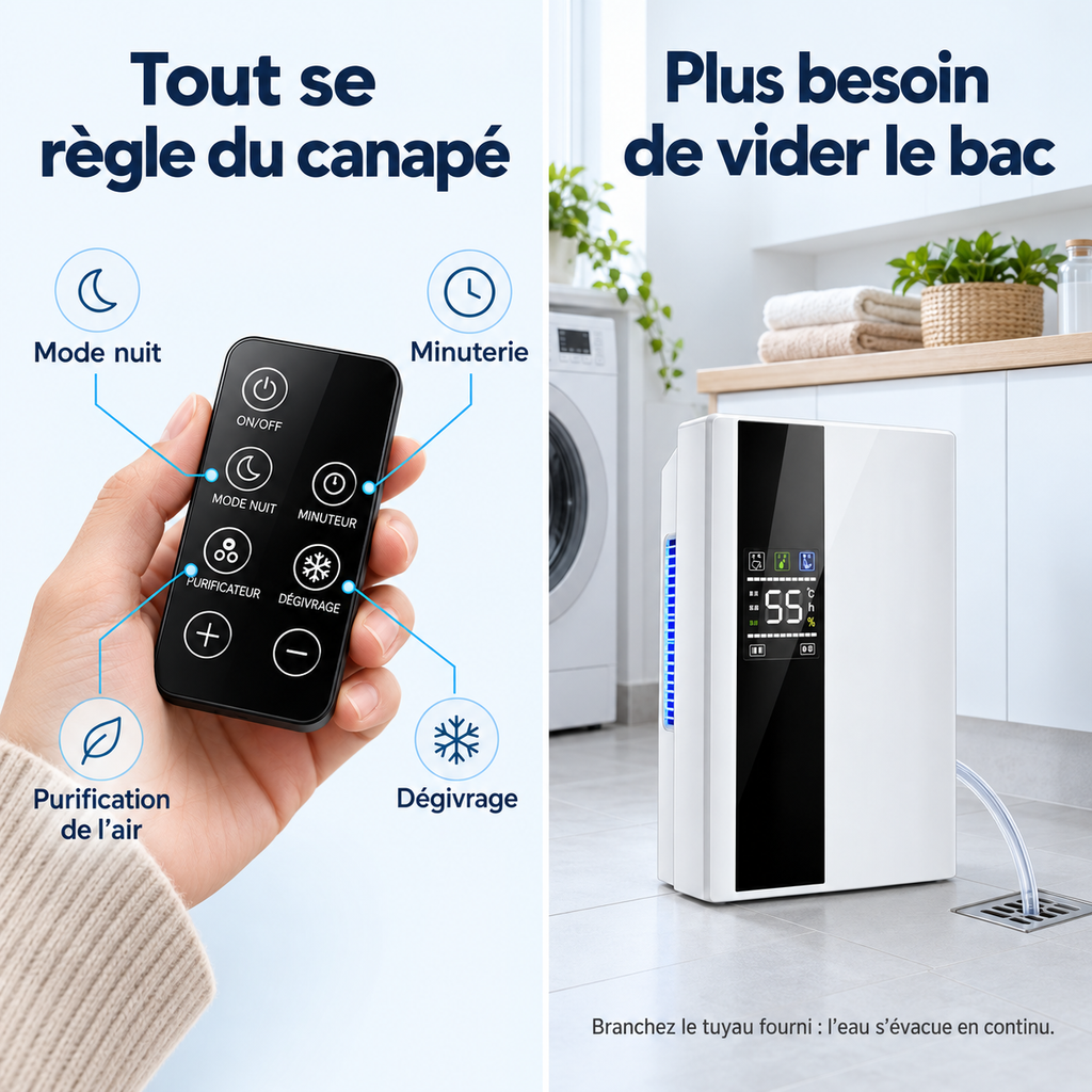 Déshumidificateur 2-en-1 Silencieux – Purificateur d'Air & Télécommande